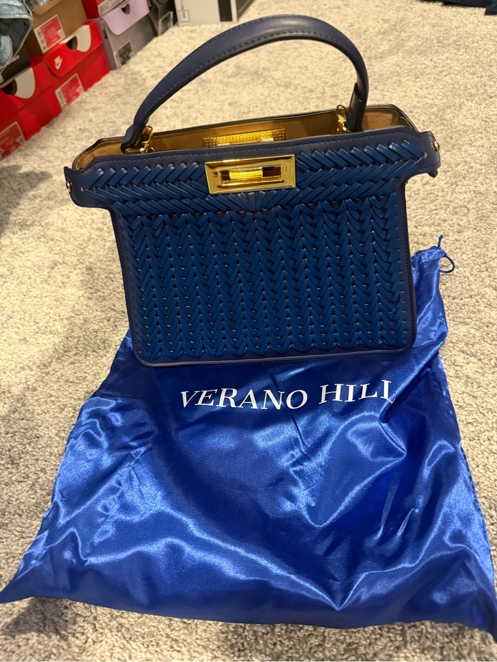Verano Hill Blue Woven Top-Handle Satchel with Gold Hardware